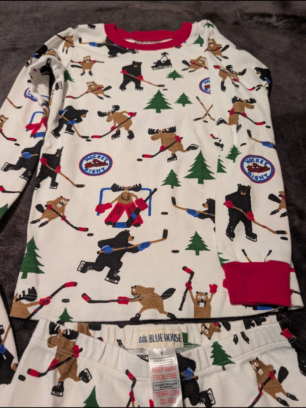 Kids' White Hockey Animal Print Pajama Set - Red Trim